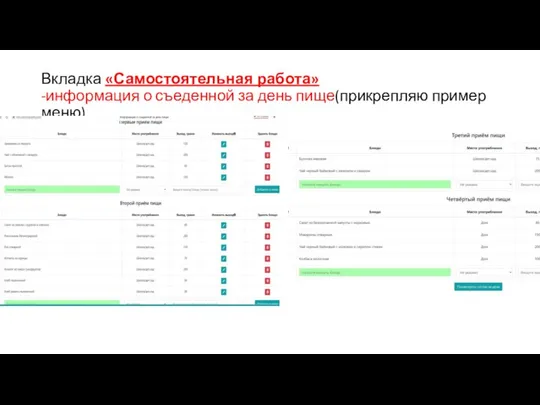 Вкладка «Самостоятельная работа» -информация о съеденной за день пище(прикрепляю пример меню)