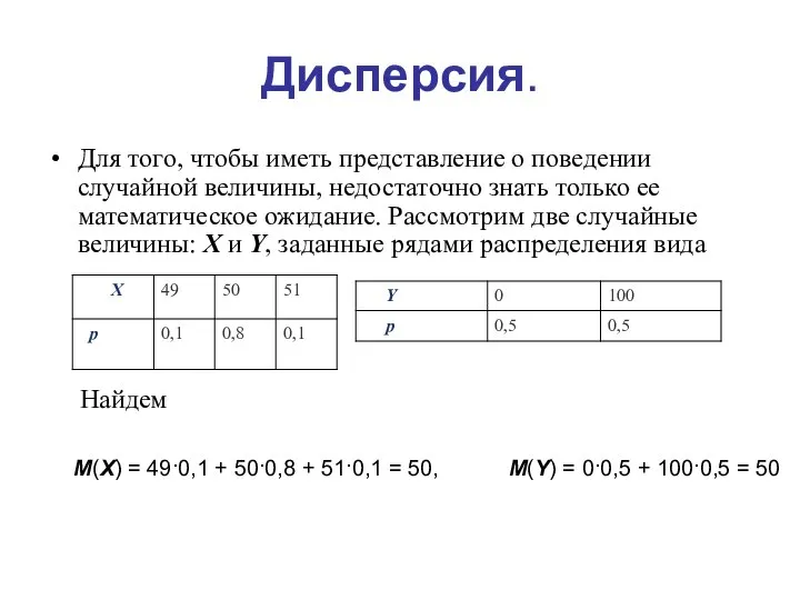 Дисперсия. Для того, чтобы иметь представление о поведении случайной величины, недостаточно