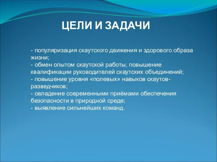 ЦЕЛИ И ЗАДАЧИ - популяризация скаутского движения и здорового образа жизни;