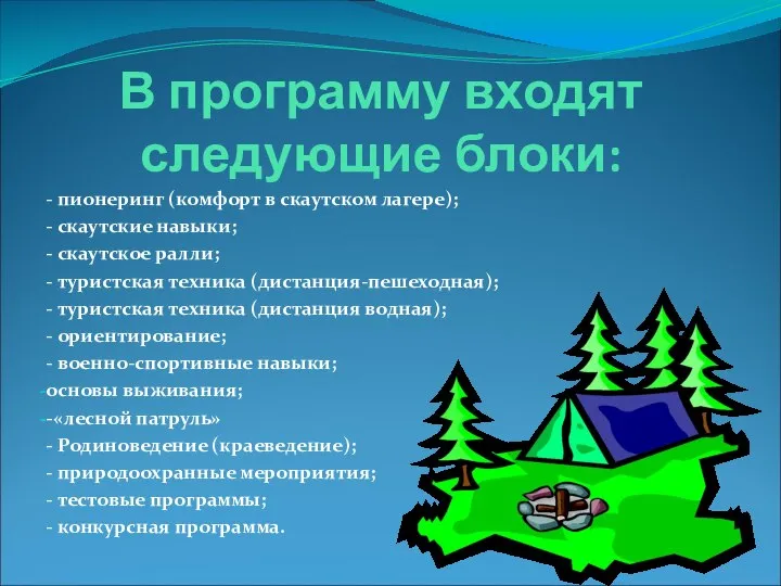 В программу входят следующие блоки: - пионеринг (комфорт в скаутском лагере);