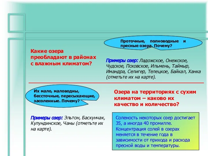 Какие озера преобладают в районах с влажным климатом? Проточные, полноводные и