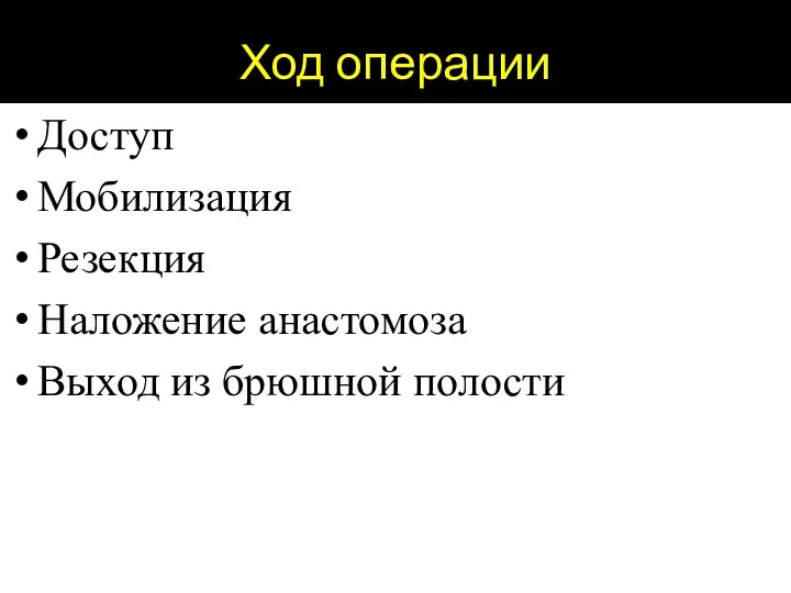 Ход операции Доступ Мобилизация Резекция Наложение анастомоза Выход из брюшной полости