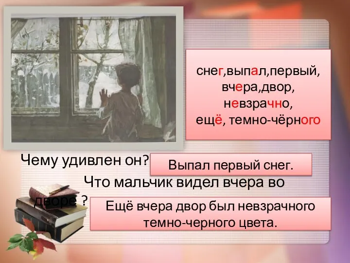 Чему удивлен он? Что мальчик видел вчера во дворе ? снег,выпал,первый,