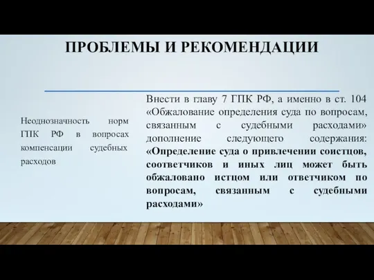 ПРОБЛЕМЫ И РЕКОМЕНДАЦИИ Неоднозначность норм ГПК РФ в вопросах компенсации судебных