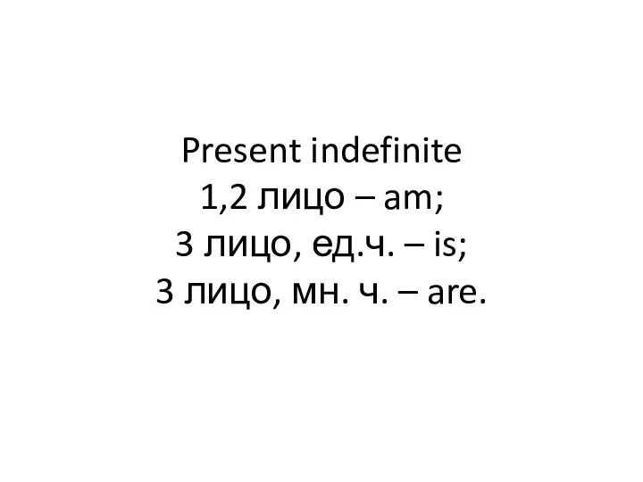 Present indefinite 1,2 лицо – am; 3 лицо, ед.ч. – is;