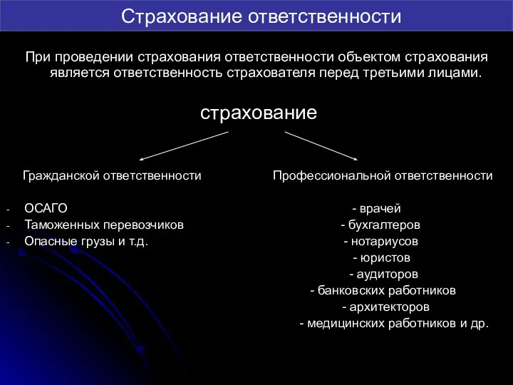 Страхование ответственности При проведении страхования ответственности объектом страхования является ответственность страхователя