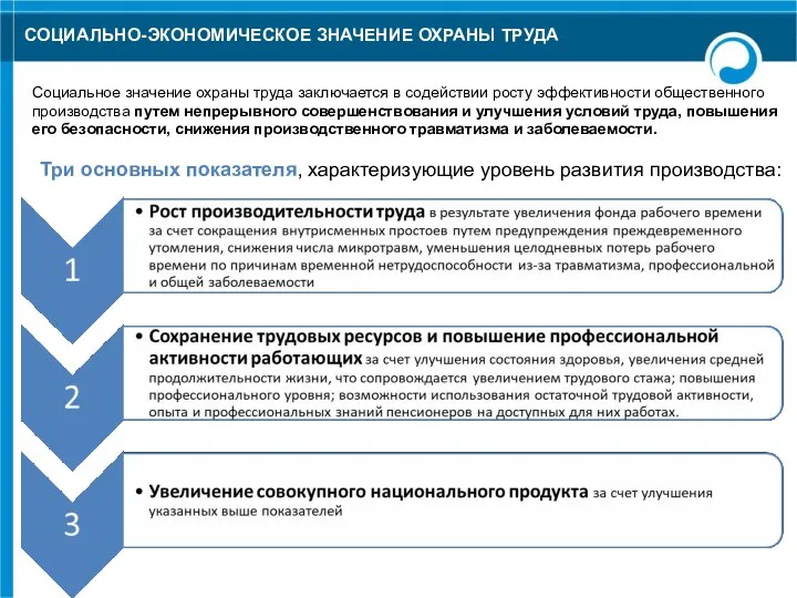 СОЦИАЛЬНО-ЭКОНОМИЧЕСКОЕ ЗНАЧЕНИЕ ОХРАНЫ ТРУДА Социальное значение охраны труда заключается в содействии