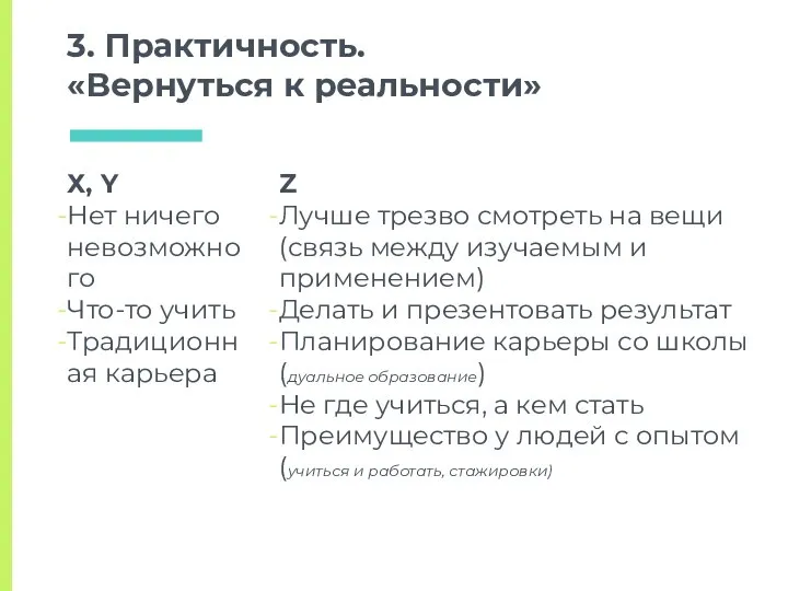 Х, Y Нет ничего невозможного Что-то учить Традиционная карьера 3. Практичность.