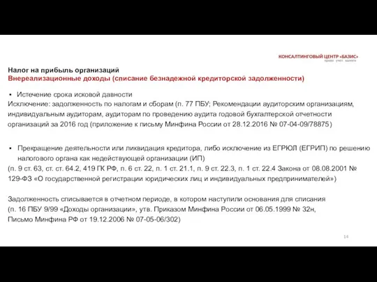 Налог на прибыль организаций Внереализационные доходы (списание безнадежной кредиторской задолженности) Истечение