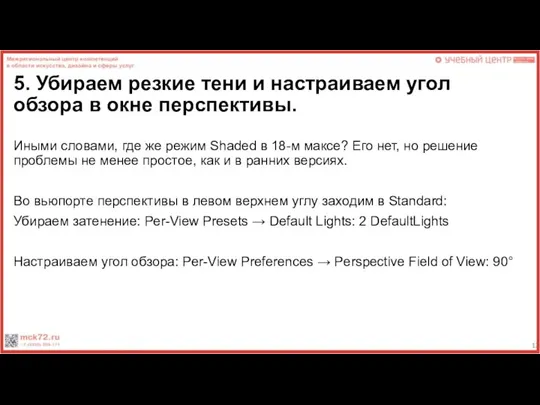 5. Убираем резкие тени и настраиваем угол обзора в окне перспективы.