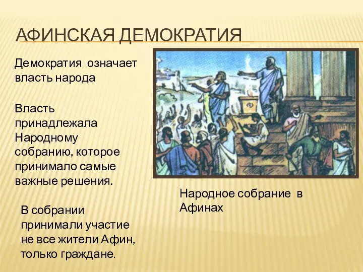 АФИНСКАЯ ДЕМОКРАТИЯ Демократия означает власть народа Власть принадлежала Народному собранию, которое