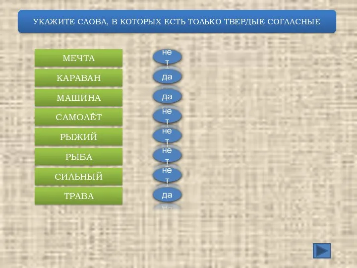 УКАЖИТЕ СЛОВА, В КОТОРЫХ ЕСТЬ ТОЛЬКО ТВЕРДЫЕ СОГЛАСНЫЕ МЕЧТА КАРАВАН МАШИНА