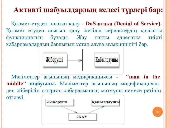 Активті шабуылдардың келесі түрлері бар: Қызмет етуден шыгып калу - DoS-атака