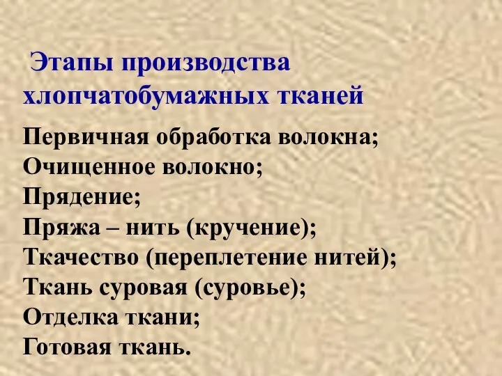 Этапы производства хлопчатобумажных тканей Первичная обработка волокна; Очищенное волокно; Прядение; Пряжа