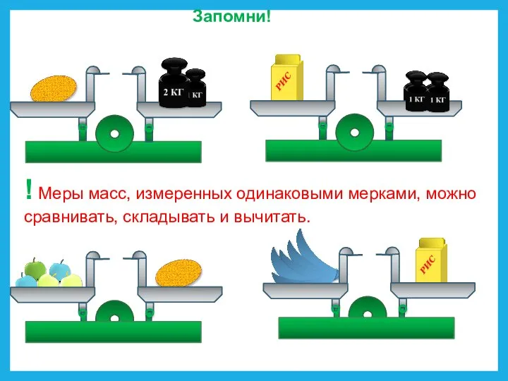 ! Меры масс, измеренных одинаковыми мерками, можно сравнивать, складывать и вычитать. Запомни!