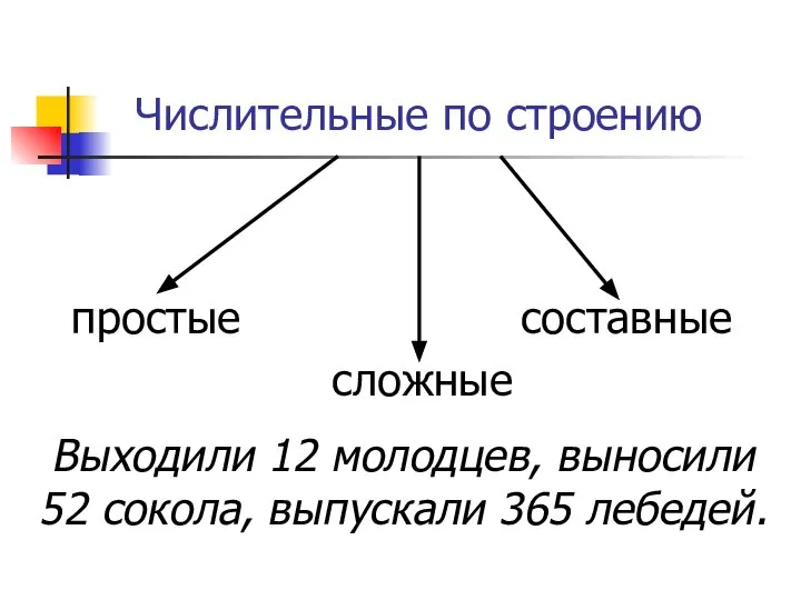 Числительные по строению сложные составные простые Выходили 12 молодцев, выносили 52 сокола, выпускали 365 лебедей.