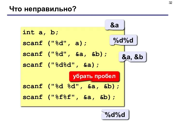 Что неправильно? int a, b; scanf ("%d", a); scanf ("%d", &a,