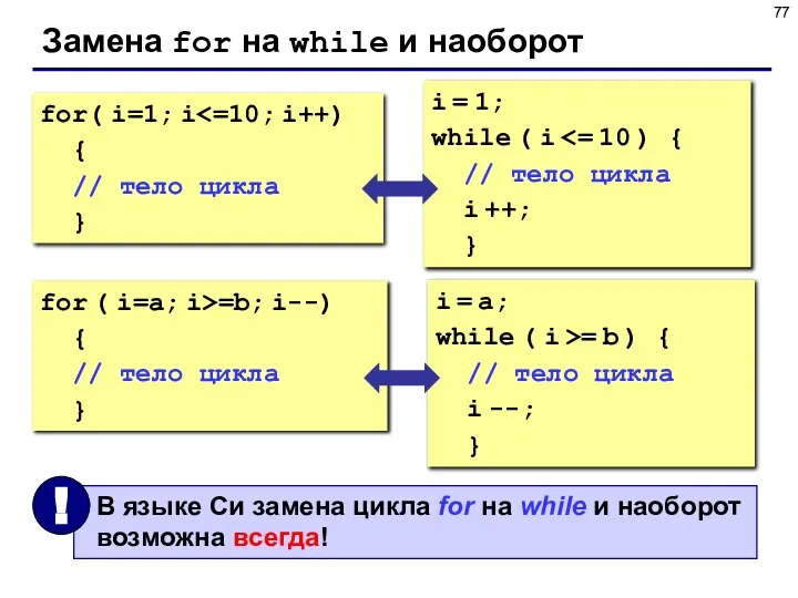 Замена for на while и наоборот for( i=1; i { //