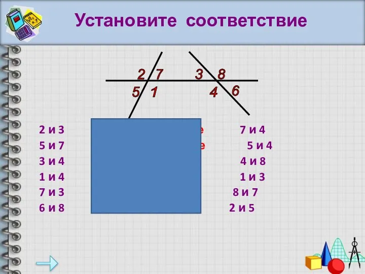 Установите соответствие 2 и 3 накрест лежащие 7 и 4 5