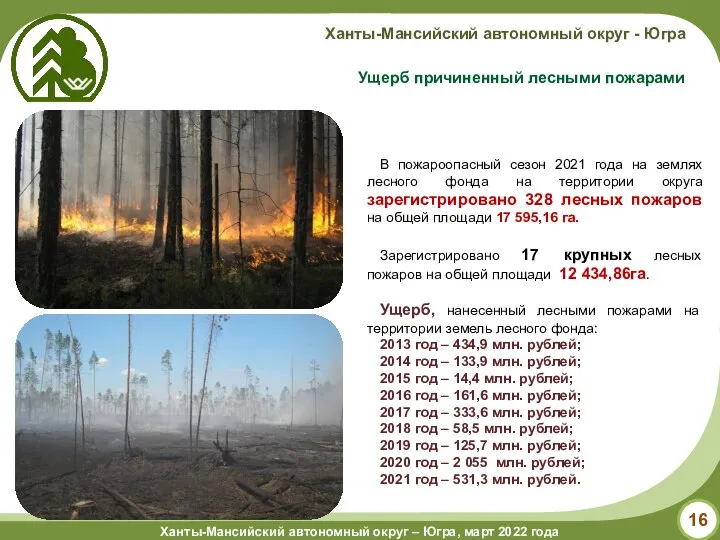 Ущерб причиненный лесными пожарами В пожароопасный сезон 2021 года на землях