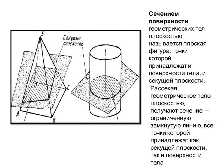 Сечением поверхности геометрических тел плоскостью называется плоская фигура, точки которой принадлежат