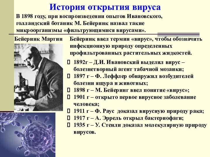 Бейеринк ввел термин «вирус», чтобы обозначить инфекционную природу определенных профильтрованных растительных