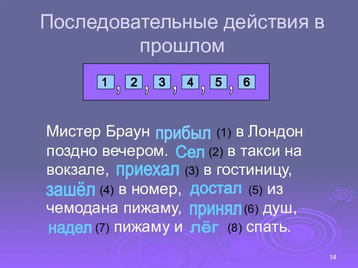 Последовательные действия в прошлом Мистер Браун (1) в Лондон поздно вечером.