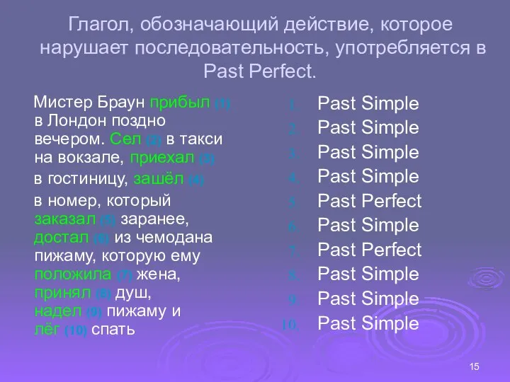 Глагол, обозначающий действие, которое нарушает последовательность, употребляется в Past Perfect. Мистер