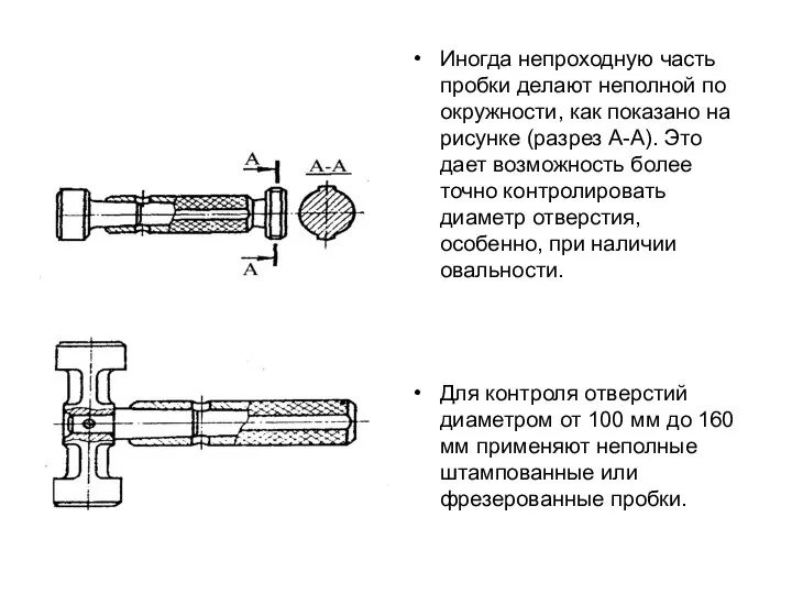 Иногда непроходную часть пробки делают неполной по окружности, как показано на