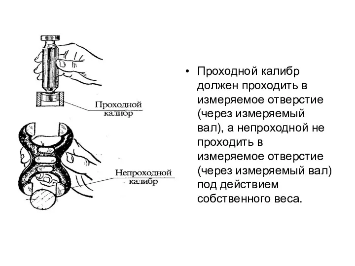 Проходной калибр должен проходить в измеряемое отверстие (через измеряемый вал), а