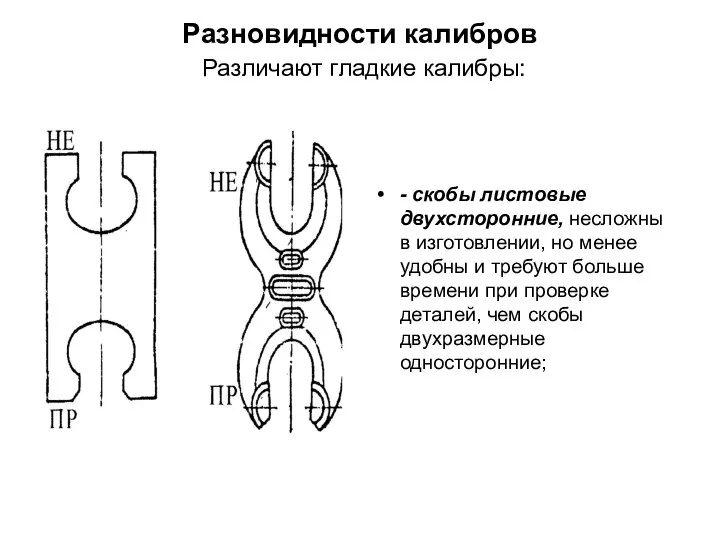 Разновидности калибров Различают гладкие калибры: - скобы листовые двухсторонние, несложны в