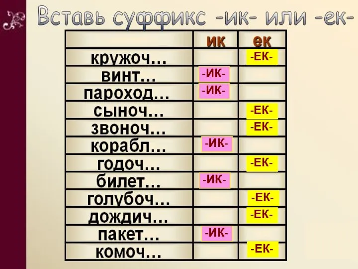 -ЕК- -ИК- -ИК- -ИК- -ИК- -ИК- -ЕК- -ЕК- -ЕК- -ЕК- -ЕК- -ЕК-