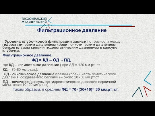 Фильтрационное давление Уровень клубочковой фильтрации зависит от разности между гидростатическим давлением