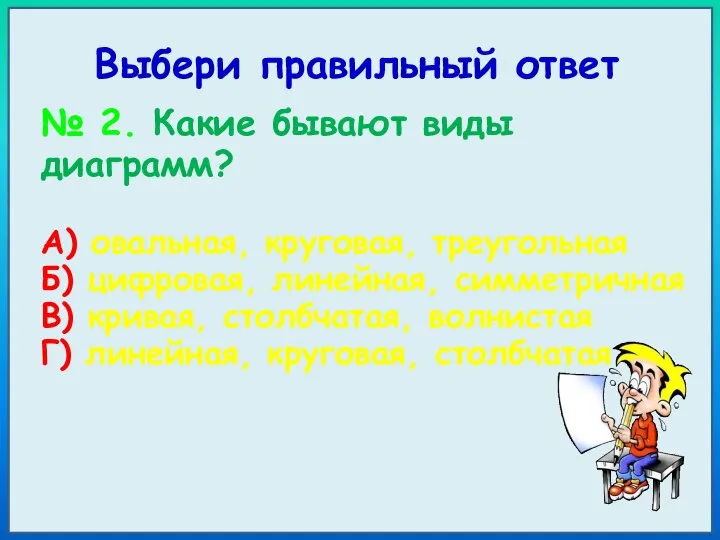 Выбери правильный ответ № 2. Какие бывают виды диаграмм? А) овальная,