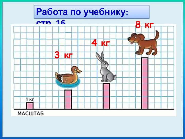 Работа по учебнику: стр. 16 3 кг 4 кг 8 кг