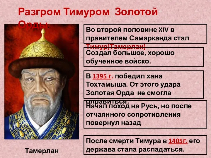 Разгром Тимуром Золотой Орды. Тамерлан Во второй половине XIV в правителем