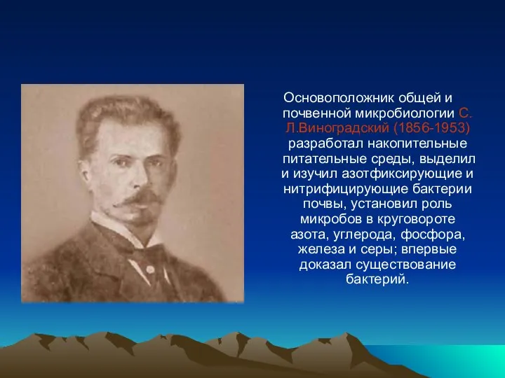 Основоположник общей и почвенной микробиологии С.Л.Виноградский (1856-1953) разработал накопительные питательные среды,