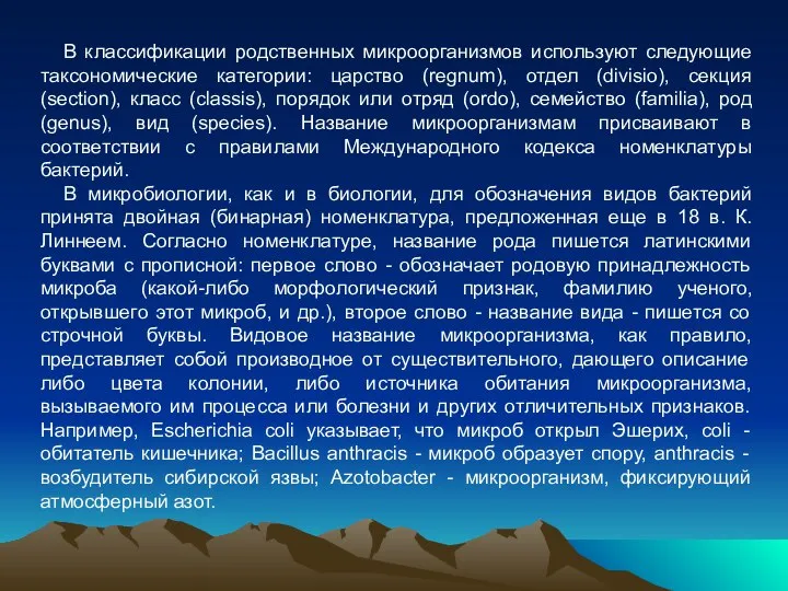 В классификации родственных микроорганизмов используют следующие таксономические категории: царство (regnum), отдел