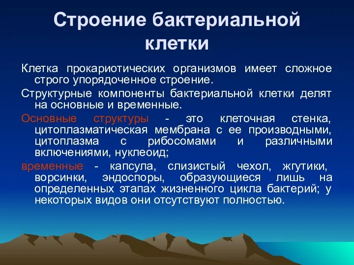 Строение бактериальной клетки Клетка прокариотических организмов имеет сложное строго упорядоченное строение.