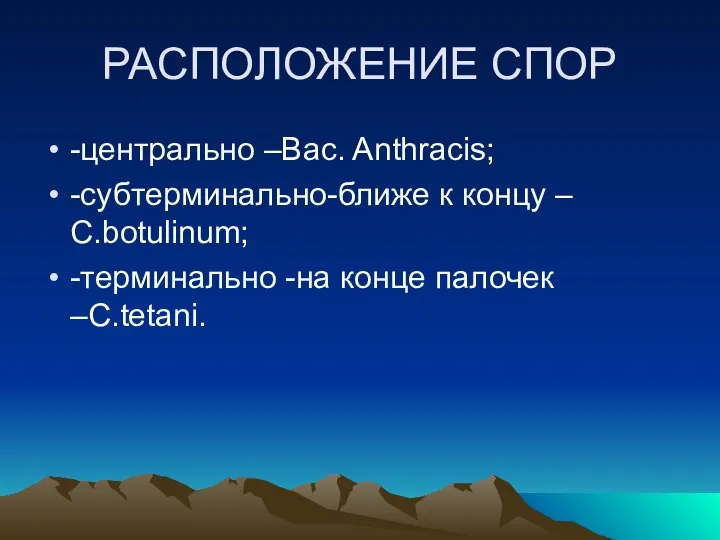 РАСПОЛОЖЕНИЕ СПОР -центрально –Bac. Anthracis; -субтерминально-ближе к концу – C.botulinum; -терминально -на конце палочек –C.tetani.