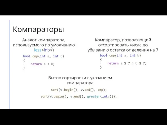 Компараторы Аналог компаратора, используемого по умолчанию less () Компаратор, позволяющий отсортировать