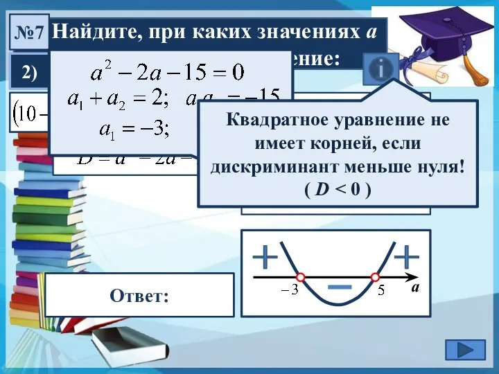 Найдите, при каких значениях а не имеет корней уравнение: №7 2)