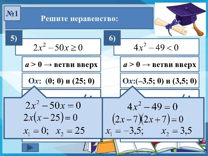 (– ∞; 0] U [25; +∞) Ответ: Решите неравенство: №1 Ох: