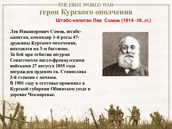 герои Курского ополчения Штабс-капитан Лев Сомов (1814 -19..гг.) Лев Никанорович Сомов,