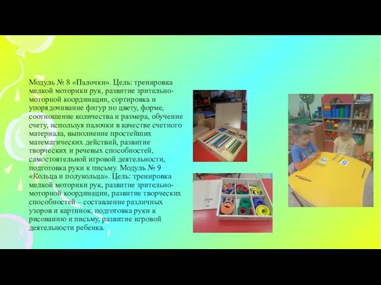 Модуль № 8 «Палочки». Цель: тренировка мелкой моторики рук, развитие зрительно-моторной