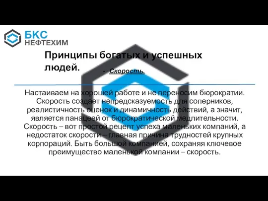 Настаиваем на хорошей работе и не переносим бюрократии. Скорость создает непредсказуемость