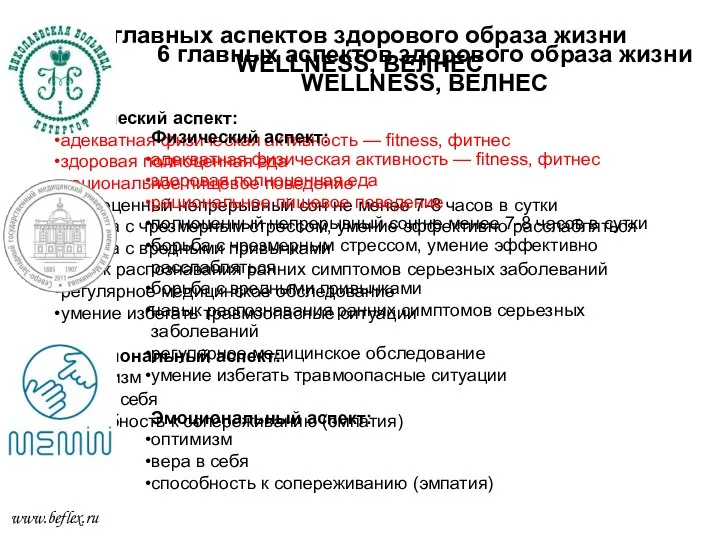 6 главных аспектов здорового образа жизни WELLNESS, ВЕЛНЕС Физический аспект: адекватная