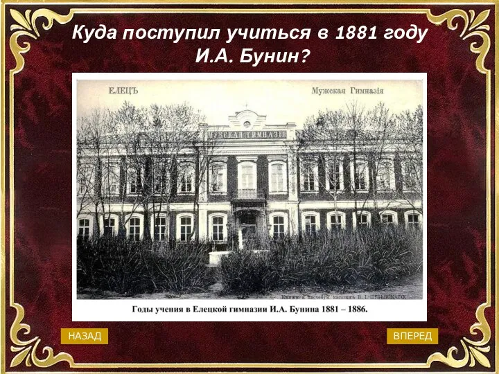 Куда поступил учиться в 1881 году И.А. Бунин? В Елецкую мужскую