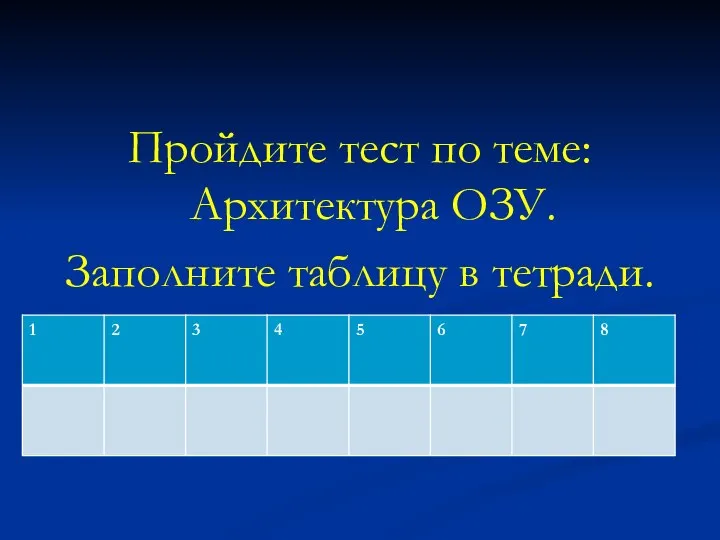 Пройдите тест по теме: Архитектура ОЗУ. Заполните таблицу в тетради.