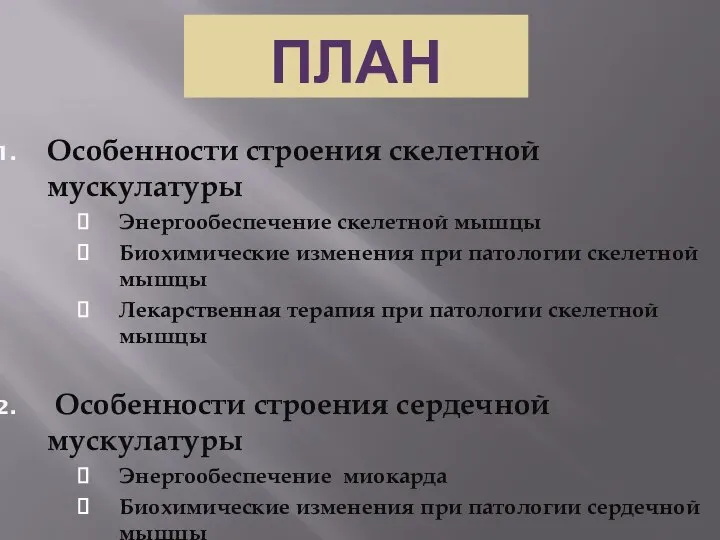 ПЛАН Особенности строения скелетной мускулатуры Энергообеспечение скелетной мышцы Биохимические изменения при